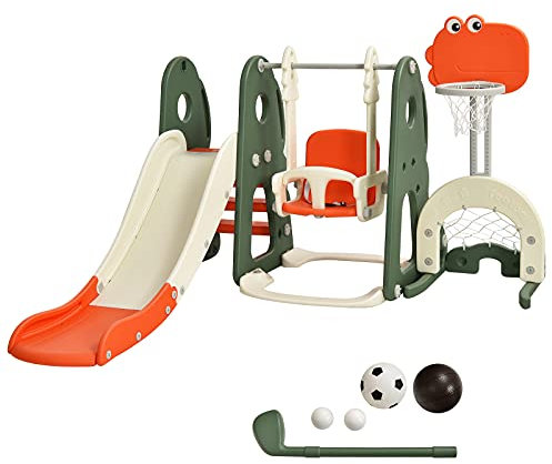 GOPLUS 6 in 1 Kinderrutsche mit Schaukel, Spielzeugrutsche mit Kletterleiter, Höhenverstellbarem Basketballkorb, Fußballtor & Golf, Indoor & Outdoor Spielplatz für Kinder von 3-8 Jahren (Orange)