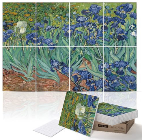 PINWELIFE® Panneaux acoustiques insonorisants pour la maison/le bureau, décoration absorbante, réduction du bruit et de l'écho (120x80x0.9cm) (Les Iris par Vincent Van Gogh)
