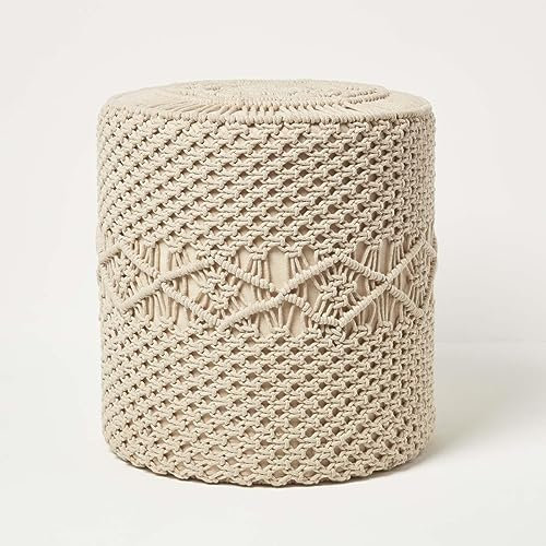 Homescapes Astrid Boho-Pouf Baumwolle Natur 40x42cm, Pouf Hocker Makramee ungefärbt