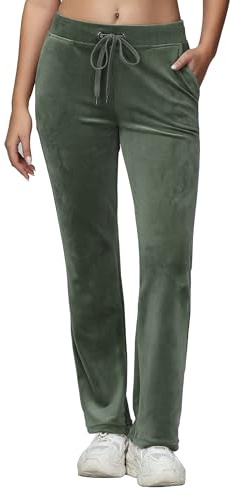COZZIPLUS Velour Pant,Women Soft Velvet Sweatpant for Women, Straight Leg High Waist Velour Lounge Pant with Pockets (Olive Green, M)
