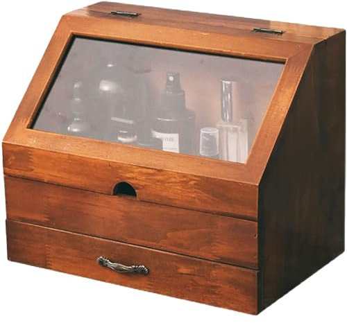 Vintage Tabletop Organizer with Glass Top Compartment -2-Tier Display Cabinet for Desk - Wooden Desktop Storage Box with Drawer and See-through Cabinet - Mahogany Brown Organizing Unit