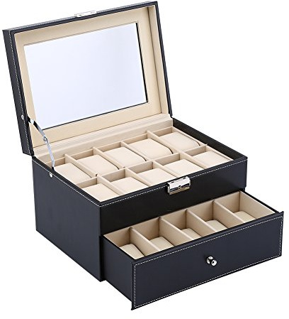 Organizador de Relojes de Lujo con 20 Compartimentos, Joyero Negro en Piel Sintética, Dise?o Moderno para Almacenamiento de Joyas
