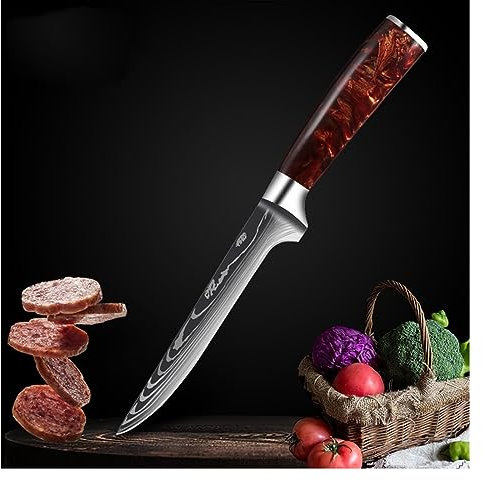 LIUJOU Cuchillo de Chef Damasco, cuchillo japonés Sashimi de salmón, mango de resina roja, cuchillo Santoku, cuchillo de cocina