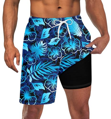 Mens Swim Board Shorts with Compression Liner Swimming Trunks for Men Quick Dry 2 in 1 Beach Shorts 9 Inch Inseam Boxer Brief Blue Palm Leaf Flower Bathing Suit XL