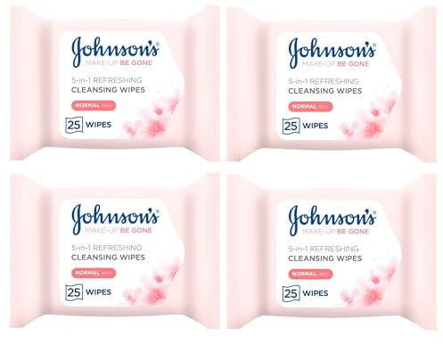 Makeup Remover Facial Wipes 4 PACK | 100 Wipes (25 x 4) Value MULTIPACK | For Waterproof Mascara | Johnsons Be Gone | Refreshing for Normal Skin Cleansing