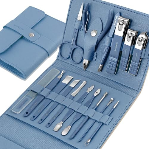 Leipple Maniküre Set 16 stücke Professionelles Nagelknipser Kit Pediküre Kit - Pflegeset aus Edelstahl Nagelpflege Werkzeuge mit luxuriöser Leder Reisetasche (Blau)