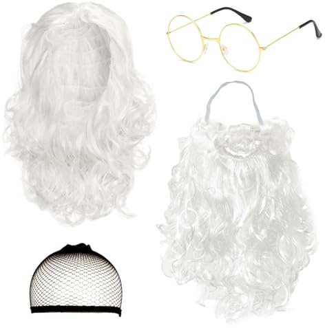 TUONYIS Lot de 4 accessoires de Père Noël : perruques, barbe, filet à cheveux et lunettes de soleil pour adultes - Costume de Noël, cosplay et fête