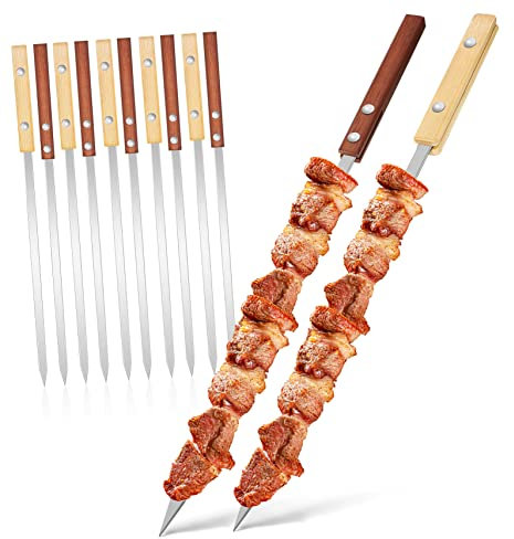 FONDOTIN Set Di 12 Spiedini Per Barbecue Multifunzione Robusti Manici in Acciaio Inossidabile E Comodi Manici in Legno