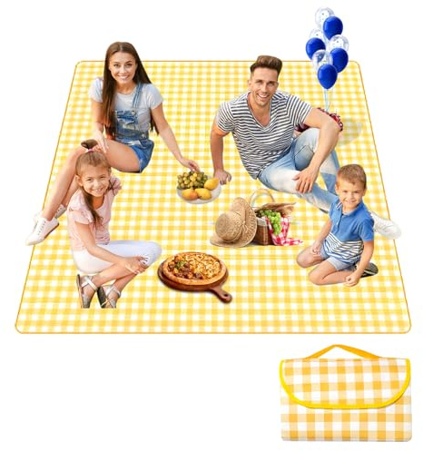 300cm*200cm Coperta picnic impermeabile，Stuoia Campeggio，Portatile Tappetino da Spiaggia Pieghevole,Coperta da Picnic con Manici per Campeggio All'aperto,Viaggi,Parchi，Spiaggia, Prato (Giallo)