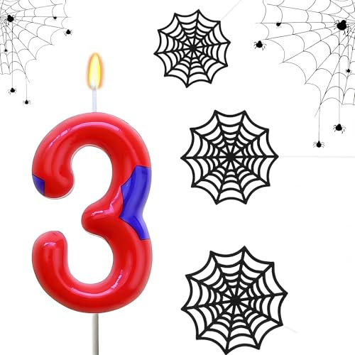 Voarge - Velas de cumpleaños (3 unidades), diseño de números, decoración de tartas, telaraña, decoración de cumpleaños