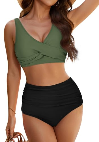 Evolyline sexig push-up bikini damset med kupor, tvådelad topp stora bröst baddräkter magkontroll hög midja, triangel bikiniset sommar badmode V-ringad bikinis baddräkt 2 delar S–XL, Grön-svart, XL