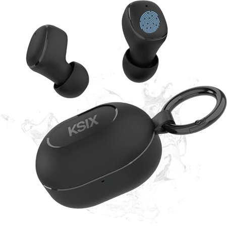 KSIX Neutron Auriculares inalámbricos, True Wireless Stereo, Botón multifunción, Llamadas, Asistente de Voz, Estuche de Carga con Mosquetón, Autonomía 4h+16h, USB-C, IPX4 Resistente al Agua, Negro