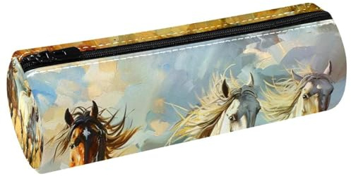 VAPOKF Trousse à crayons en cuir synthétique avec imprimé chevaux aquarelle, trousse de maquillage pour femmes, filles, garçons, enfants, fournitures scolaires et de bureau, multicolore, 20x6.3x6.3 CM