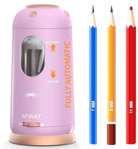 AFMAT Electric Pencil Sharpener, Auto in & Out, Fully Automatic Pencil Sharpener, Rechargeable Hands-Free Sharpeners for Jumbo & Colored Pencils (7-11.5mm), Good for Classroom/Home PSC8(Light Purple)