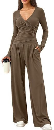 Sukiglam Tuta Donna Casual 2 Pezzi Completi Sportiva Maniche Lunghe Scollo a V Wrap Top e Pantaloni a Gamba Larga con Tasche Slim Fit Tute da Ginnastica Lounge Set per Jogging Yoga Fitness Autunno