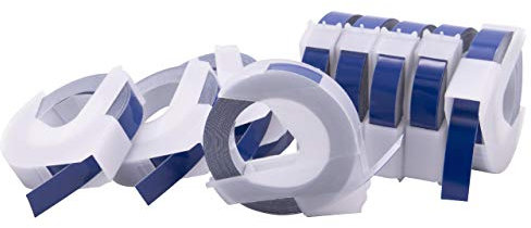 vhbw 10x 3D Prägeband-Schriftband-Kassette kompatibel mit Dymo 1755, 1765, 1805, 1855, Jet, Junior Etiketten-Drucker 9mm Weiß auf Blau