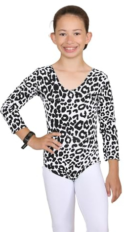 janisramone® Gymnastiktrikåer för flickor – långärmad leopardtryck kroppsdräkt för dans och balett – trikåer för flickor gymnastik barn, Vit leopard, 9-10 Years