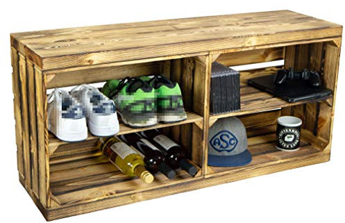 Kistenkolli Altes Land Schuhregal mit Sitzbank aus Obstkisten und massiven Holzplanken Schuhablage Schuhkommode Schuhbank aus Holz Maße 100 x 29 x 45cm L x T x H (komplett geflammt)