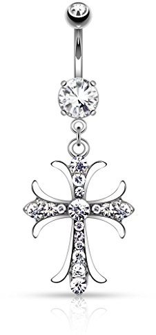 Pierced Owl 14G 316L Surgical Steel Celtic Cross with Paved Gems Dangling Belly Button Ring (Silver Tone)