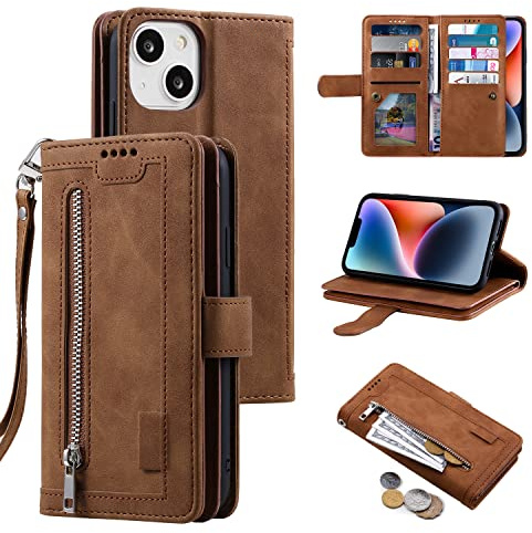 UEEBAI Coque pour iPhone 13 6.1 inch, Etui en Cuir PU Portefeuille Rétro Antichoc Flip Case Anti-Choc Housse avec Fentes de Cartes Fonction Support, Fermeture Magnétique - Brun