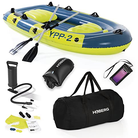Hoberg Barca Hinchable de 2 plazas YPP-2 | para 2 Personas | Mide 235 x 126 cm y cargable hasta 265 kg | con 2 Bancos, 2 remos, Bomba, Kit de reparación, 2 Soportes de Pesca y Otros Accesorios