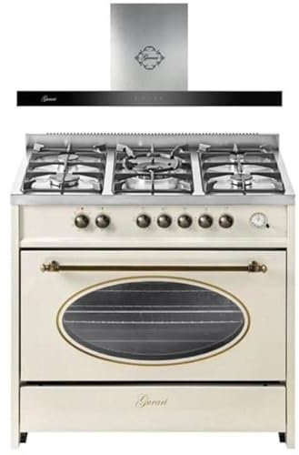 GURARI Gas Standherd, Herdset GCH E 914 CR r + GCH F 462 IS 9 Prime, Retro Backofenset 90 cm, Range Coocker 121 L, Elfenbein + Dunstabzugshaube, Wandhaube 90 cm, Edelstahl, Flachpanel, Abluft/Umluft