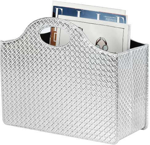 HofferRuffer Magazine Newspaper Holders,Foldable PU Leather Magazine Storage Rack,Document File Holder Magazine Basket Newspaper Storage for Office,CoffeeTable, Living Room, Reception Desk (Silver)
