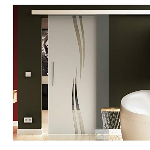 SoftClose/SoftStop glasskjutdörr 900 x 2050 mm i vågdesign (A) Sadora® SlimLine system, komplett löpskena och stånghandtag på båda sidor. ESG-säkerhetsglas i mycket hög kvalitet.