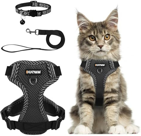 Muecleao Katzengeschirr mit Leine Ausbruchsicher, Katzenleine mit Geschirr für Katzen, Verstellbares Katzengeschirr Katzenhalsband mit Reflektierenden Streifen für Outdoor Training Gehen (Schwarz, XL)