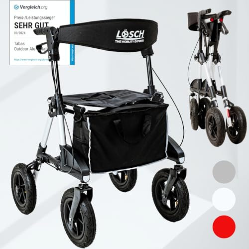 TABAS Rollator faltbar & leicht mit Sitz I Preis-/Leistungssieger I Outdoor Rollator mit Luftbereifung, Sitzfläche & Rückengurt, Tasche & Stockhalter I Rollator für Senioren I Gehhilfe von Lösch Reha