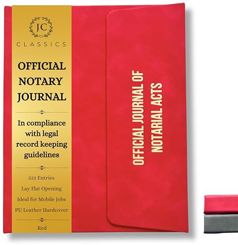 JC Classics Notary Journal Log Book Hardcover with Privacy Guard - Notary Log Book with 522 Notarial Record Entries - Compliant Notary Journal for Notaries for All States Except HI (Red)