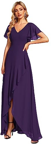 Ever-Pretty Robe de Soirée Longue Col V Manches Courtes Robe Ceremonie Femme Violet Foncé 44