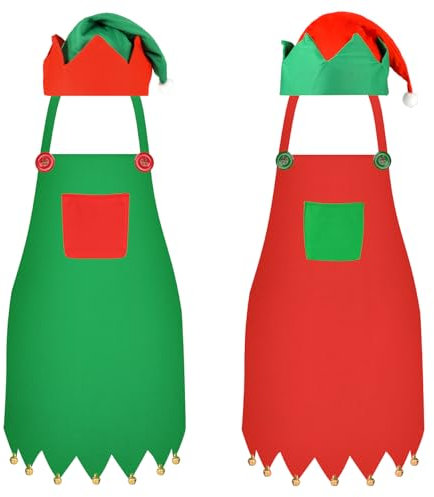 HOWAF 2 Set Elf Kostüm, Weihnachtsschürze Schürze Weihnachten mit Elfenmütze Weihnachtself Mütze, Weihnachtsmütze für Elfen Kostüm, Weihnachtself Kostüm, Weihnachten Kostüm, Weihnachtskostüm