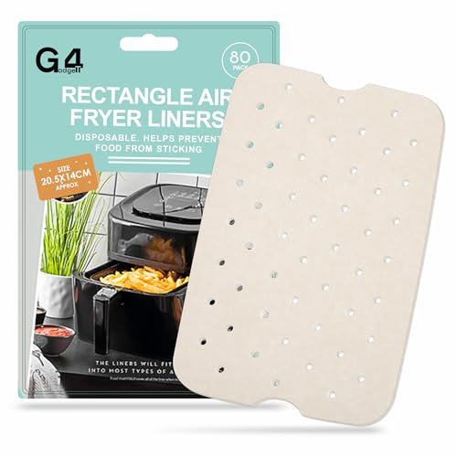 G4GADGET 80 Pack Air Fryer Liners with Holes – 20.5x14cm Rectangular Perforated Sheets, Disposable Non-Stick Paper for Crispier Cooking in Air Fryers, Ovens, Steamers & Microwaves