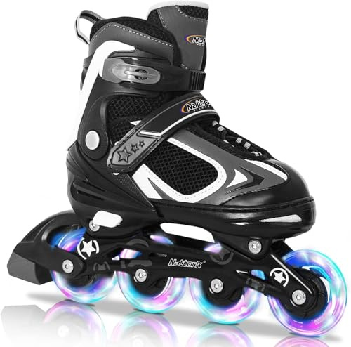 Nattork Adjustable Inline Skates for Kids with Light Up Wheel, Outdoor & Indoor Illuminating Blades Roller Skates for Boys and Girls, Beginners (Black, S)