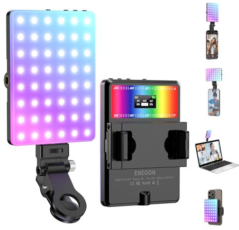 ENEGON Luz Selfie RGB para Móvil, Luz De Video RGB 360° Color Completo con 24 Efectos, 78 LED 2000mAh Recargable, CRI 95+ y CCT 2500K - 9000K, Luz Clip Portátil para Móvil/Tablet/Portátil/Streaming