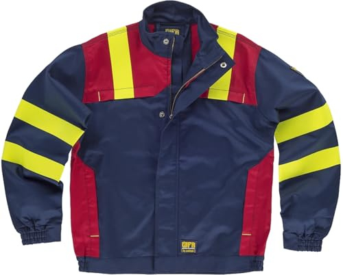 WORKTEAM B1199 Cazadora Ignífuga Combinada, Antiestática con protección para Soldadura y Arco Eléctrico, Visibilidad Realzada, Cintas Fluorescentes Amarillas y Triple Costura. Unisex Azul L