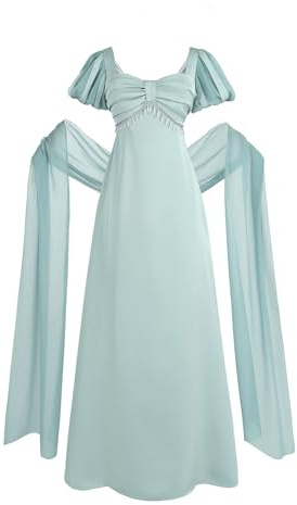 Fiamll Robe de Style Renaissance pour Femmes avec Taille Empire et Manches à Volants, Robe de Bal Vintage avec Gants et Écharpe, Robe de Thé, Robe de Soirée, bleu mer, M