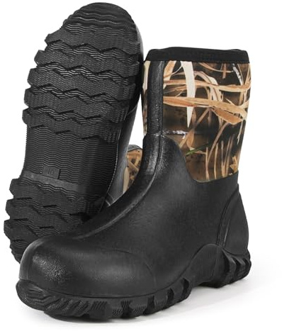 Waterproof Rubber Rain Boots with 6 mm Neoprene for Hunting, 10 Mid-calf Rubber Boots with Anti-Slip Sole for Mud Gardening Farming Working Outdoor Fishing Camo, Size 12