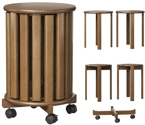 Welfuturer Stapelbare Bambus Hocker mit Rollen,4-in-1 Set Stapelhocker, Beistelltisch & Sitzhocker,46 cm Höhe Esszimmerstühle,ohne Montage für Küche Wohnzimmer Schlafzimmer,Walnuss