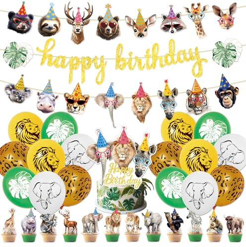 Decoración de fiesta de animales, 32 unidades, decoración de cumpleaños de safari, animales del bosque, globos de aire, animales, animales salvajes, cupcakes, decoración de cumpleaños infantiles
