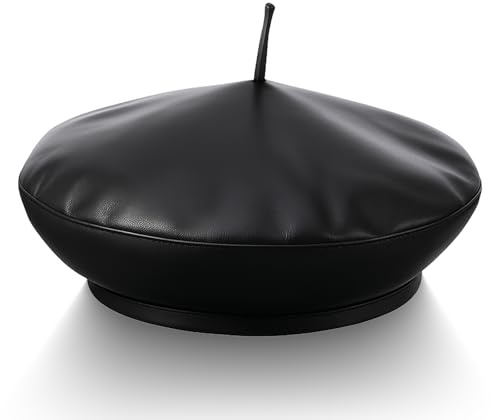 Xindojuz 1 PCS Black Beret Women, 9.84 Inch/25 cm PU Leather Classic French Beret Hats for Women and Kids, Solid Black Color Artist Cap Causal Beanie Style