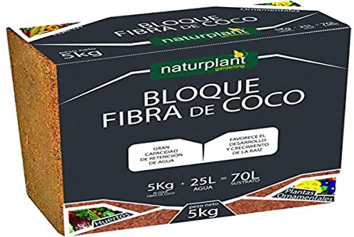 Bloque de Fibra de Coco de 5KG para Sustratos. Aumenta la Eficiencia de Tu Cultivo con el Sustrato Coco Grow de 70L, Amigable con el Medio Ambiente y Fácil de Usar. Naturplant.