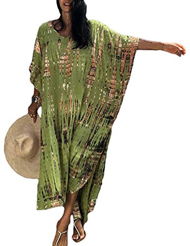 Orshoy Women Kaftan Free Size Tunic Kimono Long Dress Maxi Beach Everyday Cover Up Loungewear Nightwear B-Green