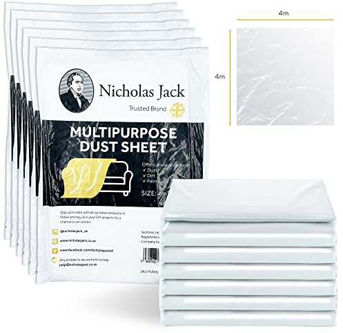 Pack of 6 Large Plastic Dust Sheets for Decorating 4m x 4m Decorators Polythene Paint Covers Sheeting for Furniture & Flooring etc,