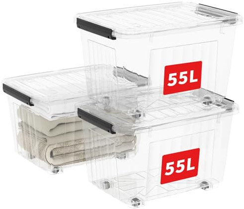 Cetomo C5038 Stapelbare Aufbewahrungsbox Klarsichtbehälter mit Deckel Kunststoff (Polypropylen) Transparent 55.5 x 40.5 x 36 cm, 55L，3er-Set