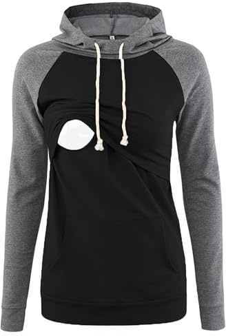 Love2Mi Felpa con cappuccio per allattamento premaman a maniche lunghe, A-nero/Grigio, S