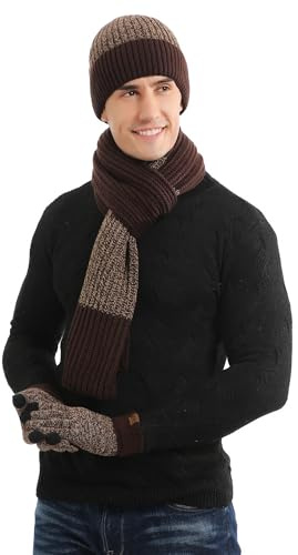 Hilmocho Uomo 3 Pezzi Cappello Sciarpa e Guanti Touch Screen Inverno Caldo Sciarpa Lunga a Maglia Guanti di Rivestimento Spessi Beanie