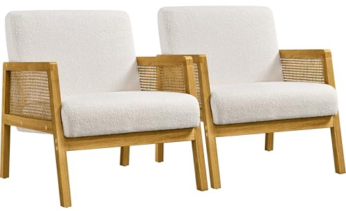 Yaheetech Boucle Fabric Accent Chair, Modern Armchair with Rattan Sides, Vintage Vanity Chair for Living Rooms, Bedrooms, Ivory, Set of 2