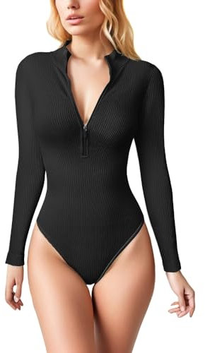 HSAJS Damen Elegant Sexy Body Rollkragen Langarm Gerippt Oberteil Bodysuit Schwarz Jumpsuit Tops Unterziehbody Bodys mit Reißverschluss Fashion Outfits